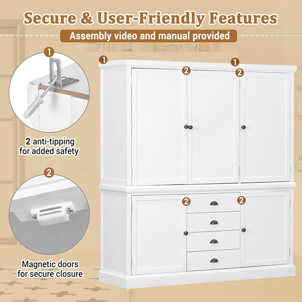 roomfitters Kitchen Pantry Organizers and Storage Kitchen Cabinet, Hutch with Microwave Stand, 4 Drawers, Spice Racks, White