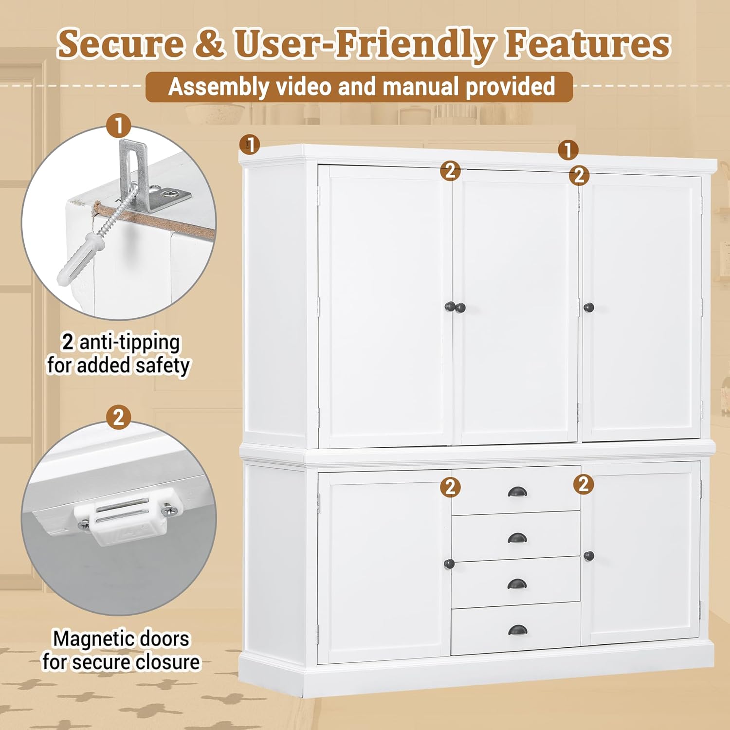 roomfitters Kitchen Pantry Organizers and Storage Kitchen Cabinet, Hutch with Microwave Stand, 4 Drawers, Spice Racks, White