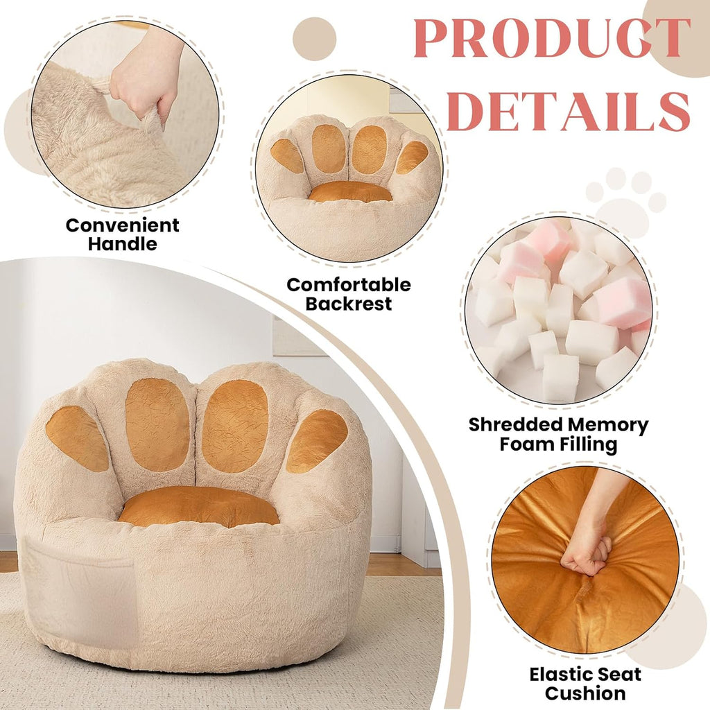 Achicsofar Bean Bag Chair for Adults Teens, Giant Faux Fur Beanbag Chairs | Cat's Paw Shape, Memory Foam Filled, Beige, Accent Floor Sofa, for Reading, Gaming, Relaxing, in Living Room, Bedroom, Dorm