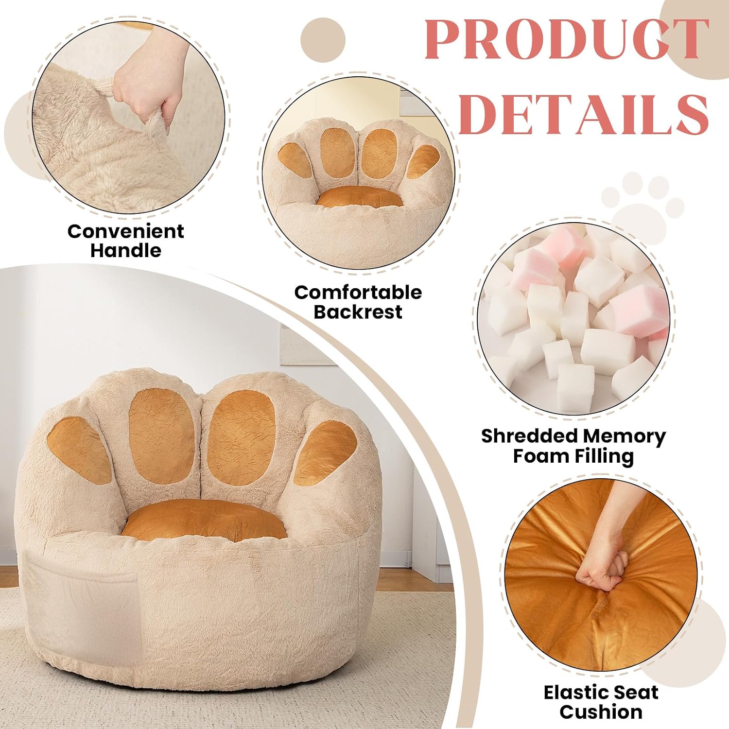 Achicsofar Bean Bag Chair for Adults Teens, Giant Faux Fur Beanbag Chairs | Cat's Paw Shape, Memory Foam Filled, Beige, Accent Floor Sofa, for Reading, Gaming, Relaxing, in Living Room, Bedroom, Dorm
