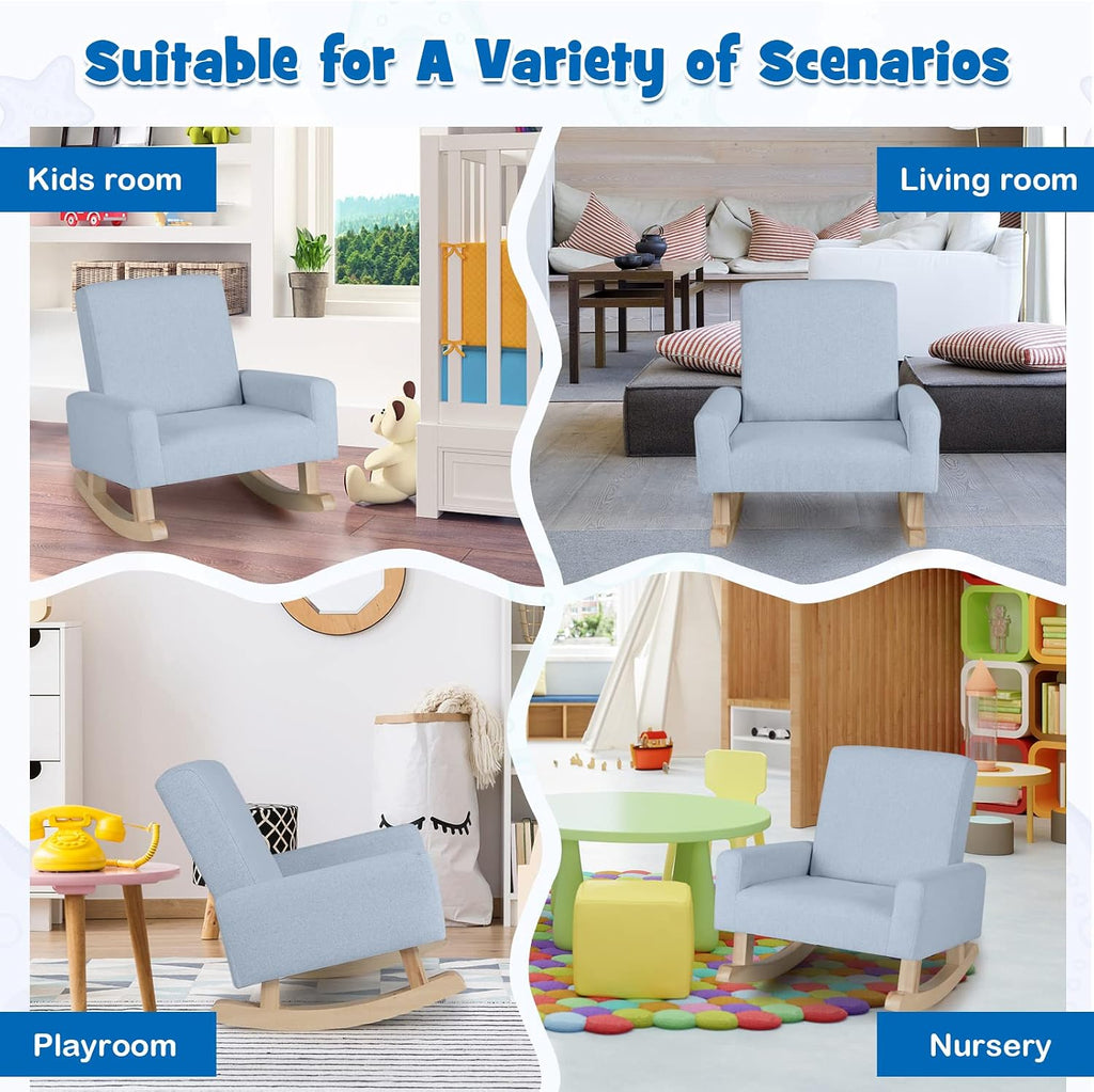 Costzon Kids Sofa, Toddler Rocking Chair with Solid Wood Frame, Linen Fabric, Anti-Tipping Design, Children Furniture Armchair for Kids Room, Nursery, Playroom, Preschool, Gift for Boys Girls (Blue)