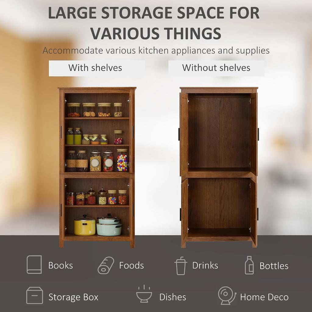 HOMCOM 64" Kitchen Pantry Cabinet, Freestanding Storage Cabinet with 4 Doors and 3 Adjustable Shelves for Dining Room, Oak