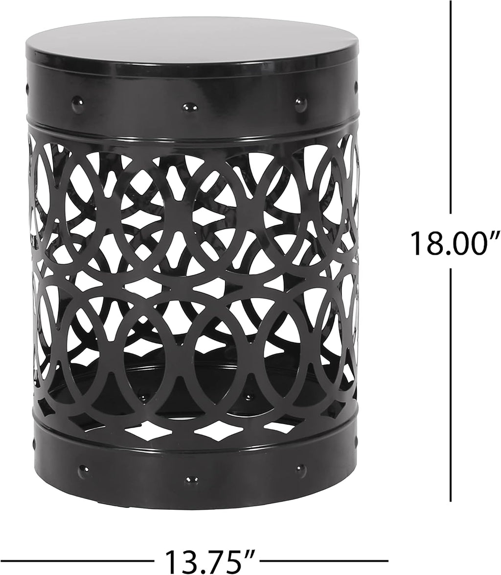 14" Powder-Coated Iron Bedside Table, Small Sofa Side Table with Cylindrical Shape, Small Sofa Couch Table with Circle Pattern for Indoor Outdoor use, Black
