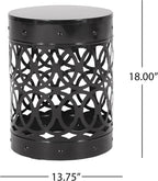 14" Powder-Coated Iron Bedside Table, Small Sofa Side Table with Cylindrical Shape, Small Sofa Couch Table with Circle Pattern for Indoor Outdoor use, Black