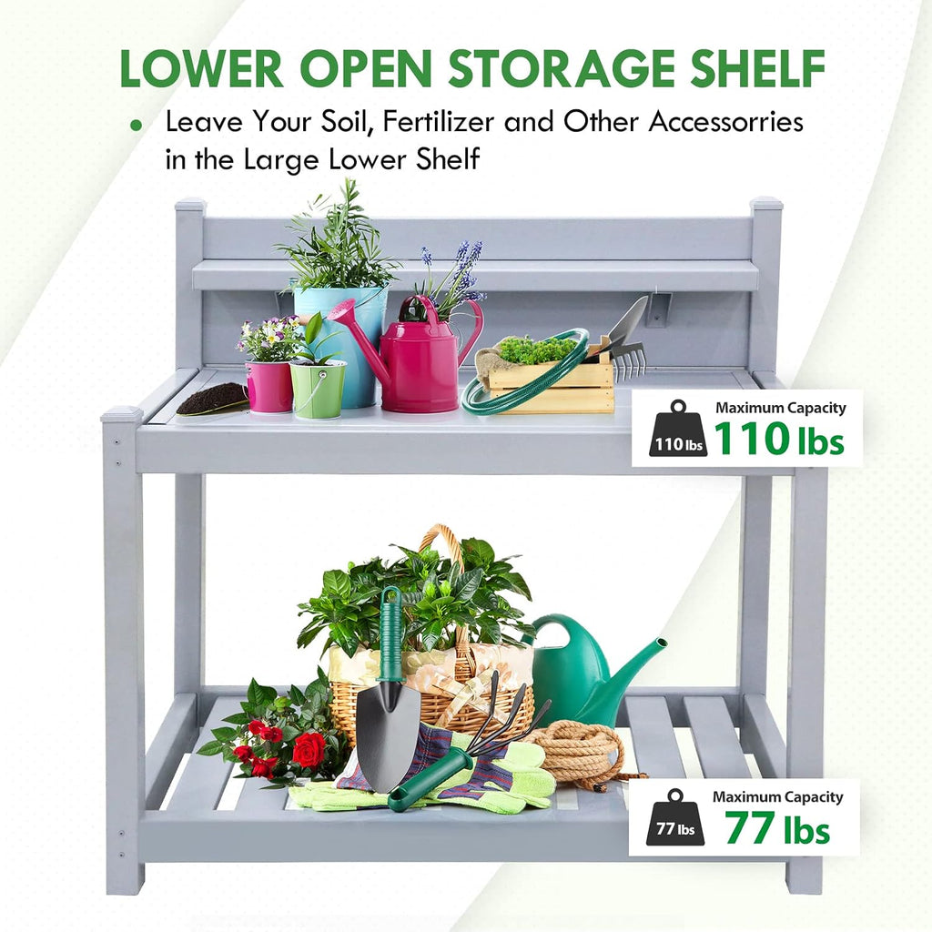 EAGLE PEAK Potting Bench, Weatherproof Vinyl Potting Table for Outdoor & Indoor Use, Easy Clean Garden Workstation with Storage Shelves, Gray, 40"