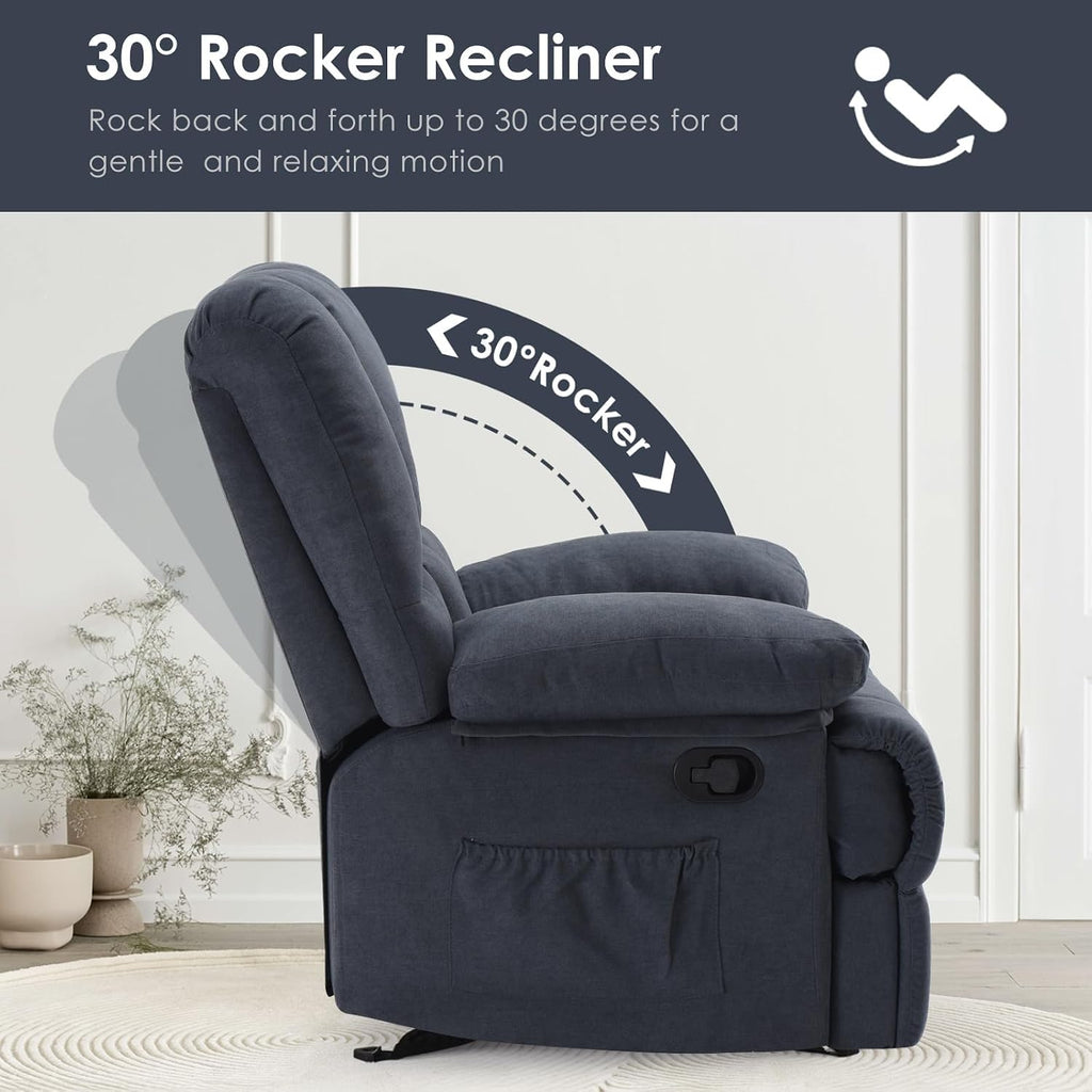 Oversized Rocker Recliner Chair, Wide Rocker Chair with Adjustable Backrest Footrest, Lazy Boy Oversized Recliner for Adults, Reclining Sofa for Living Room, Reading, Bedroom, Blue Black