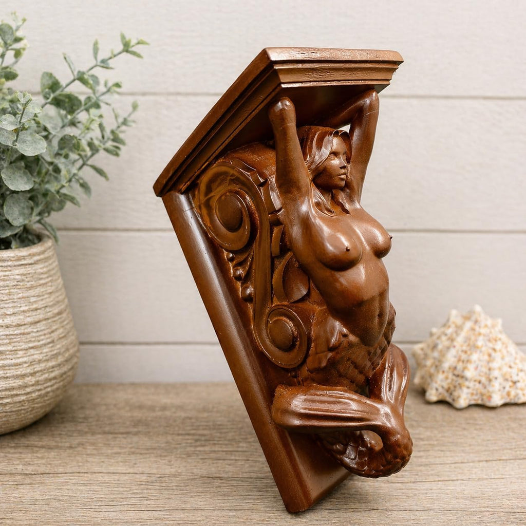 Wood Corner Designer Carving Wall Shelf Handmade Mermaid Wall Shelf Bracket Carved Wood Nautical Decor Coastal Beach House Accent