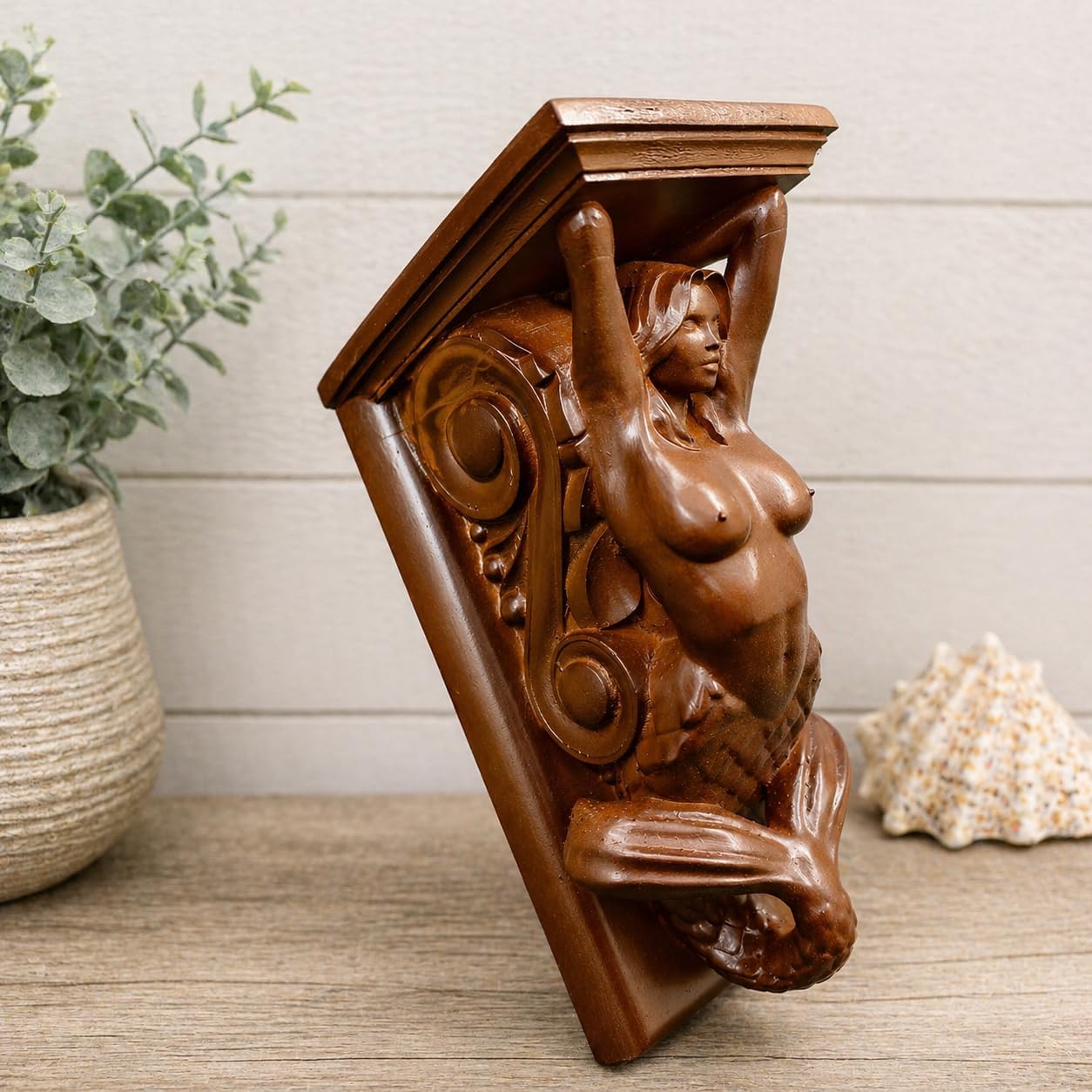 Wood Corner Designer Carving Wall Shelf Handmade Mermaid Wall Shelf Bracket Carved Wood Nautical Decor Coastal Beach House Accent
