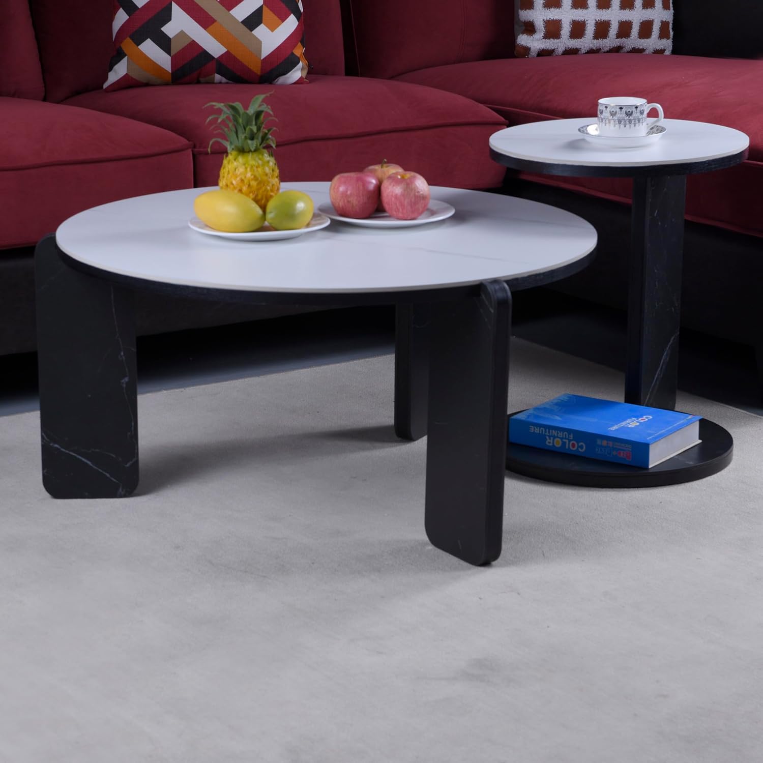 Set of 2 Round Nesting Coffee Table for Small Place, living room end table with white sintered stone top, 32.68" + 16.93" diameter Side Table Night Stand for Bed Room Dining Room, 83+ 43 cm sofa table