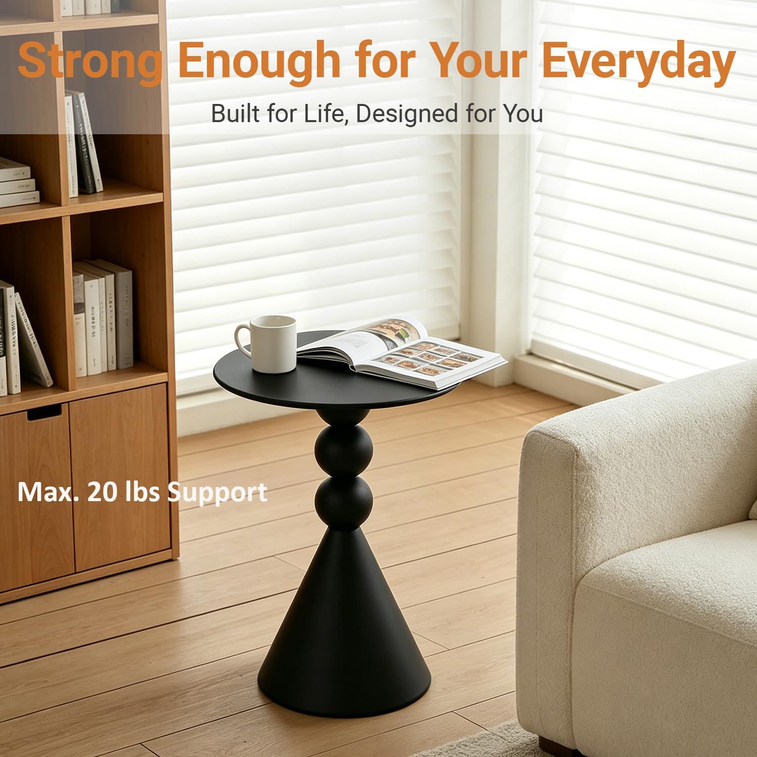 Modern Metal Side Table, Small Black/White End Table 15.7" Round Coffee Table TV Tray for Living Room Bedroom Office (Black)