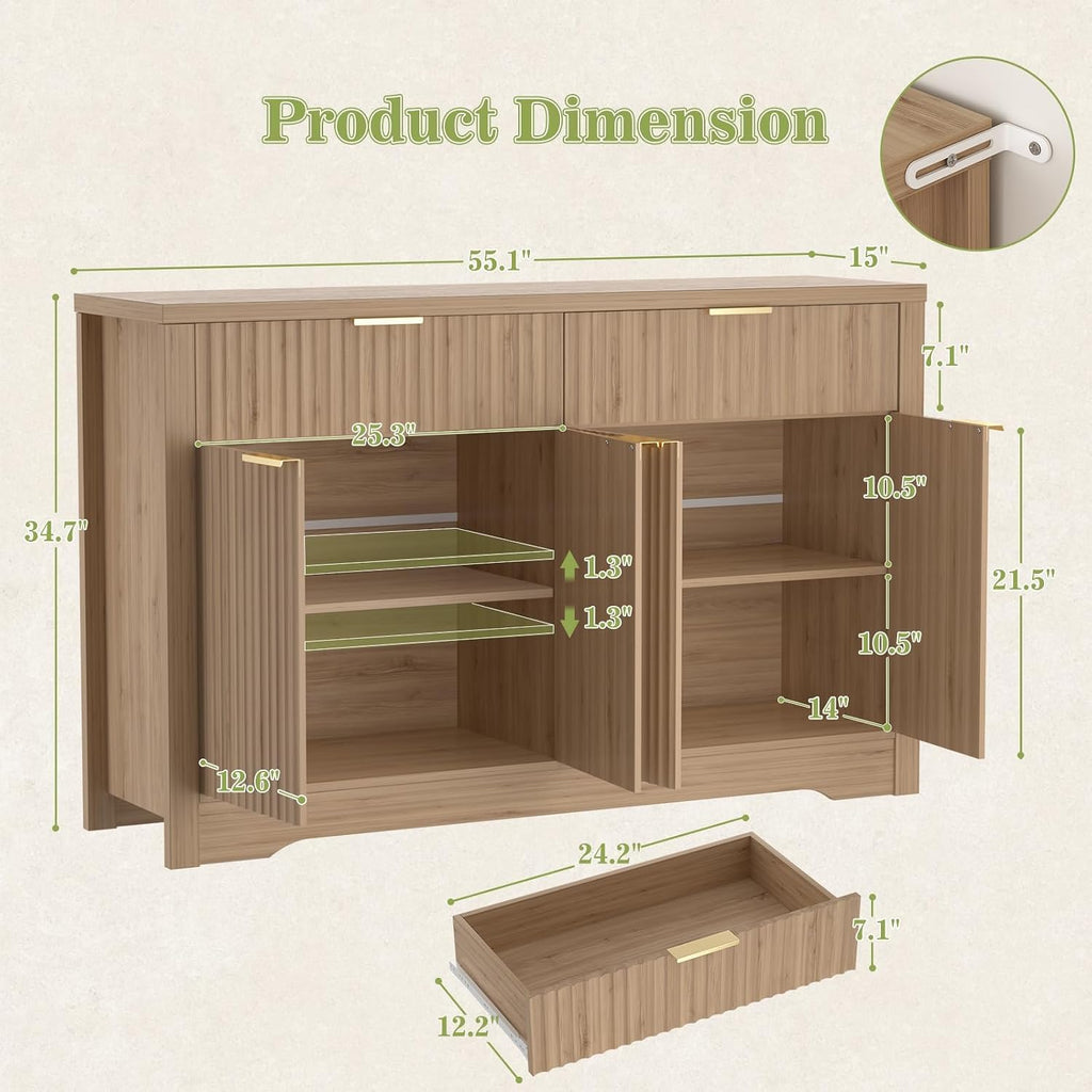 Cyclysio 55" Fluted Buffet Cabinet with Drawers, Modern Sideboard Credenza with Adjustable Shelves, Coffee Bar Table with Storage for Dining Room, Entryway, Kitchen, Natural Oak