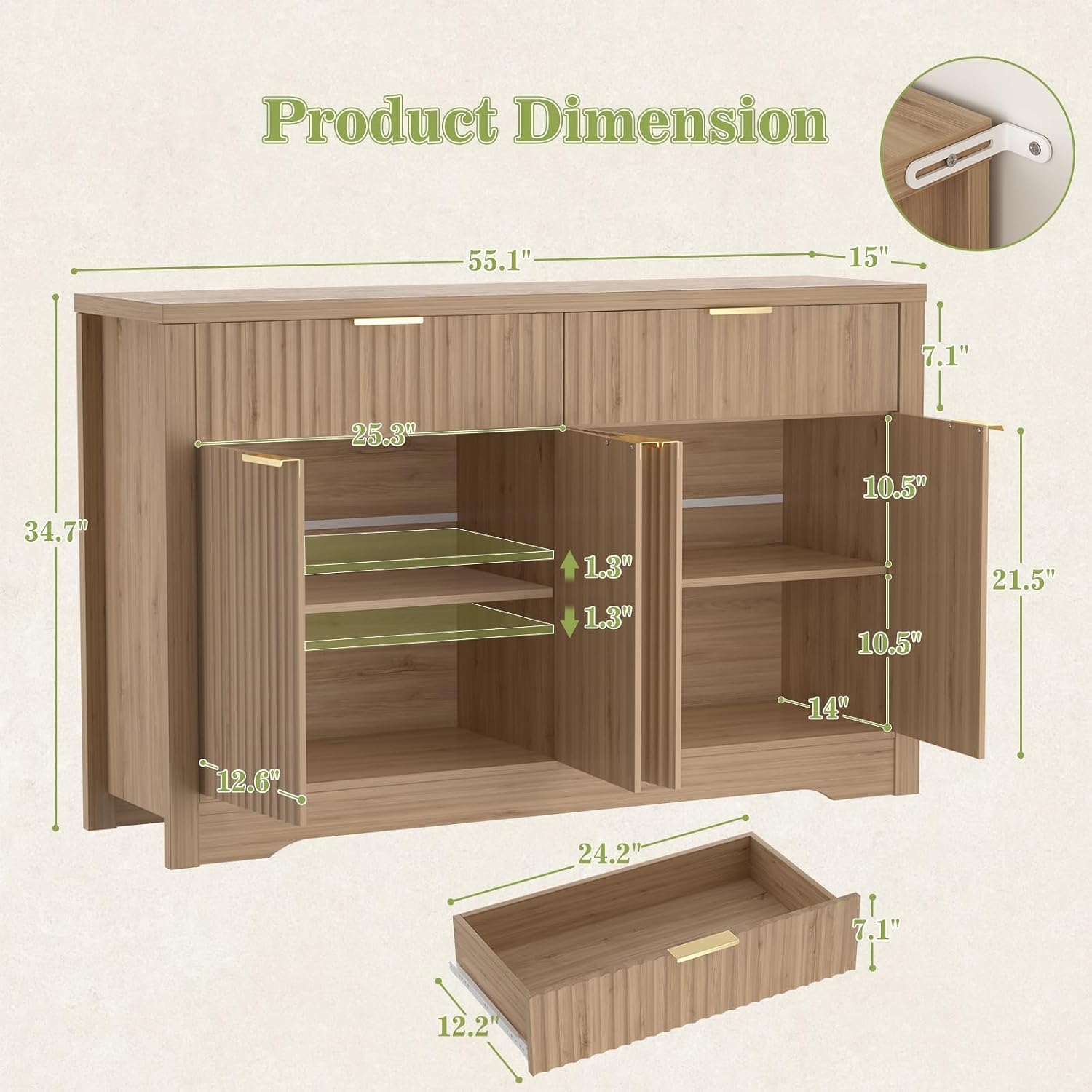 Cyclysio 55" Fluted Buffet Cabinet with Drawers, Modern Sideboard Credenza with Adjustable Shelves, Coffee Bar Table with Storage for Dining Room, Entryway, Kitchen, Natural Oak