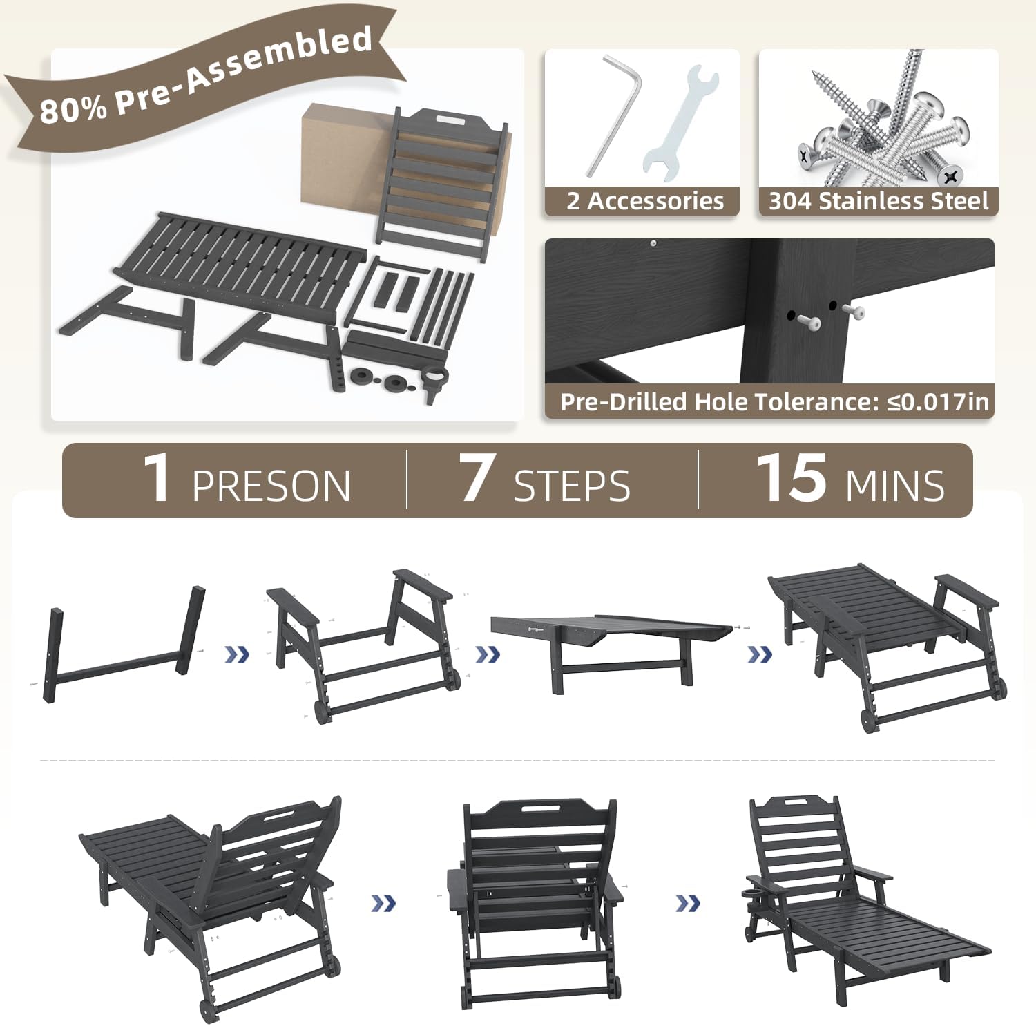 Mdeam 6-Position Pool Outdoor Lounge Chairs Set of 2, 22" W Oversized Adjustable Chaise Lounger 500LBS Capacity, HDPE Furniture Tanning Chair with Wheels & Cup Holder for Outside Patio Deck, Dark Grey