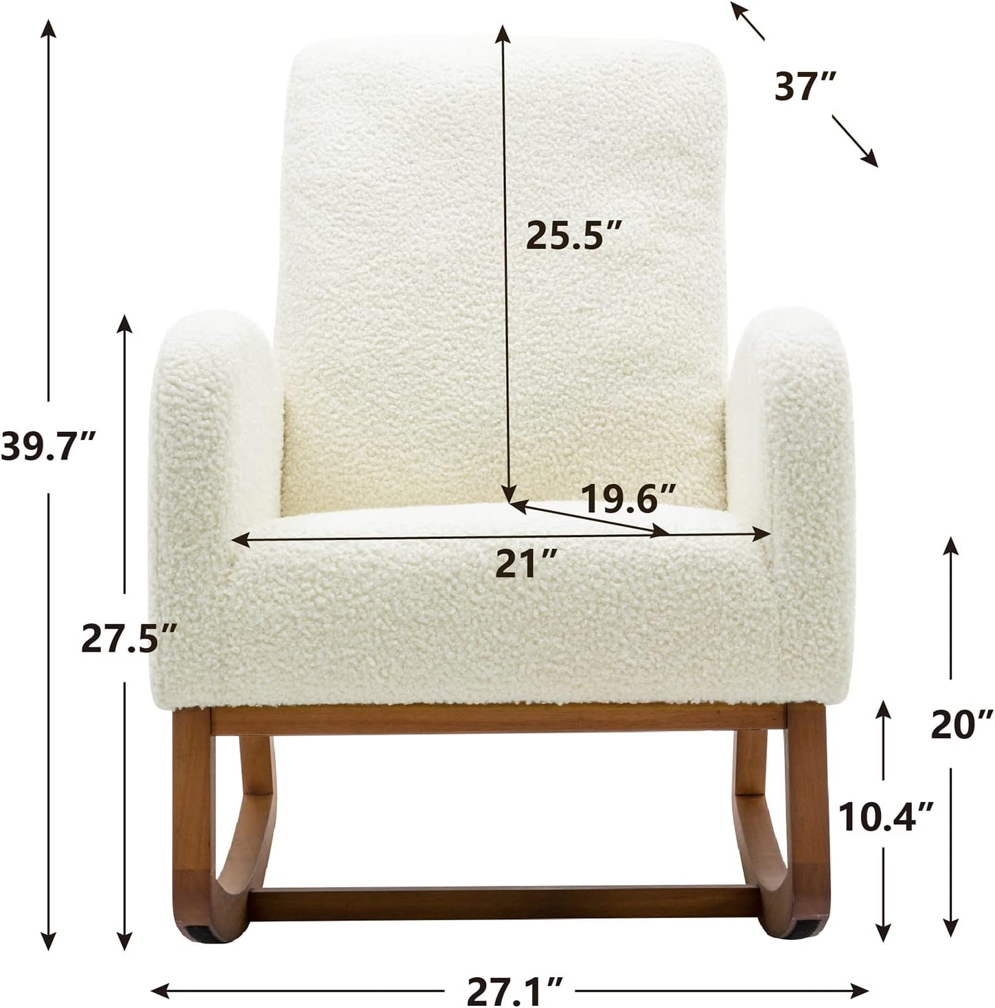 Modern Rocking Chair, Oversized Glider Recliner with High Backrest & Side Pocket, Upholstered Nursery Accent Chair for Living Room, Bedroom, Nursery, Solid Wood Legs (White Teddy)