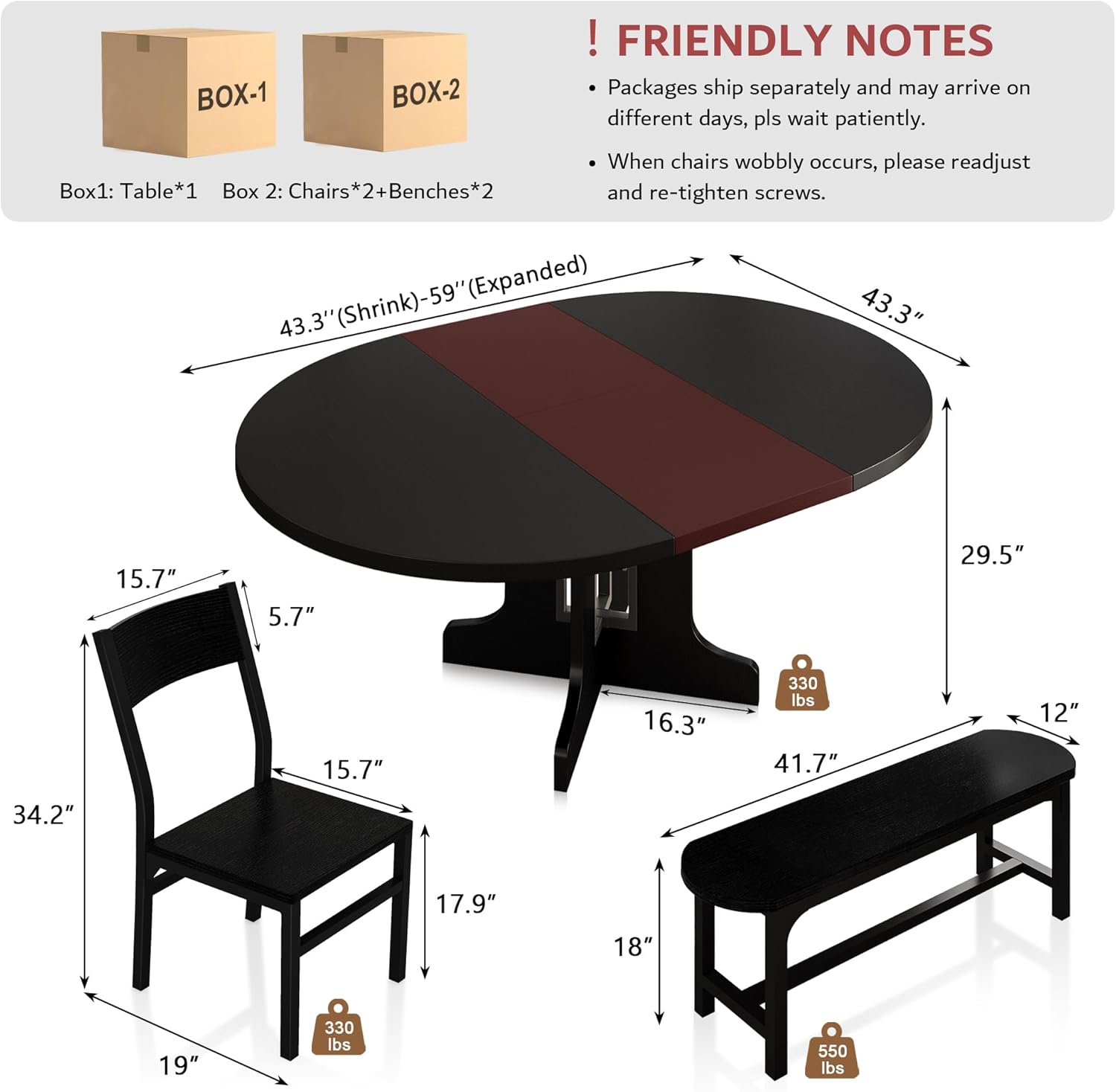 iPormis 5-Piece Round Dining Table Set for 4-6, 59" Extendable Dining Room Table Set with 2 Ergonomic Chairs & 2 Benches, Oval Modern Dinette Table with Metal Frame & MDF Board, Space-Saving, Black