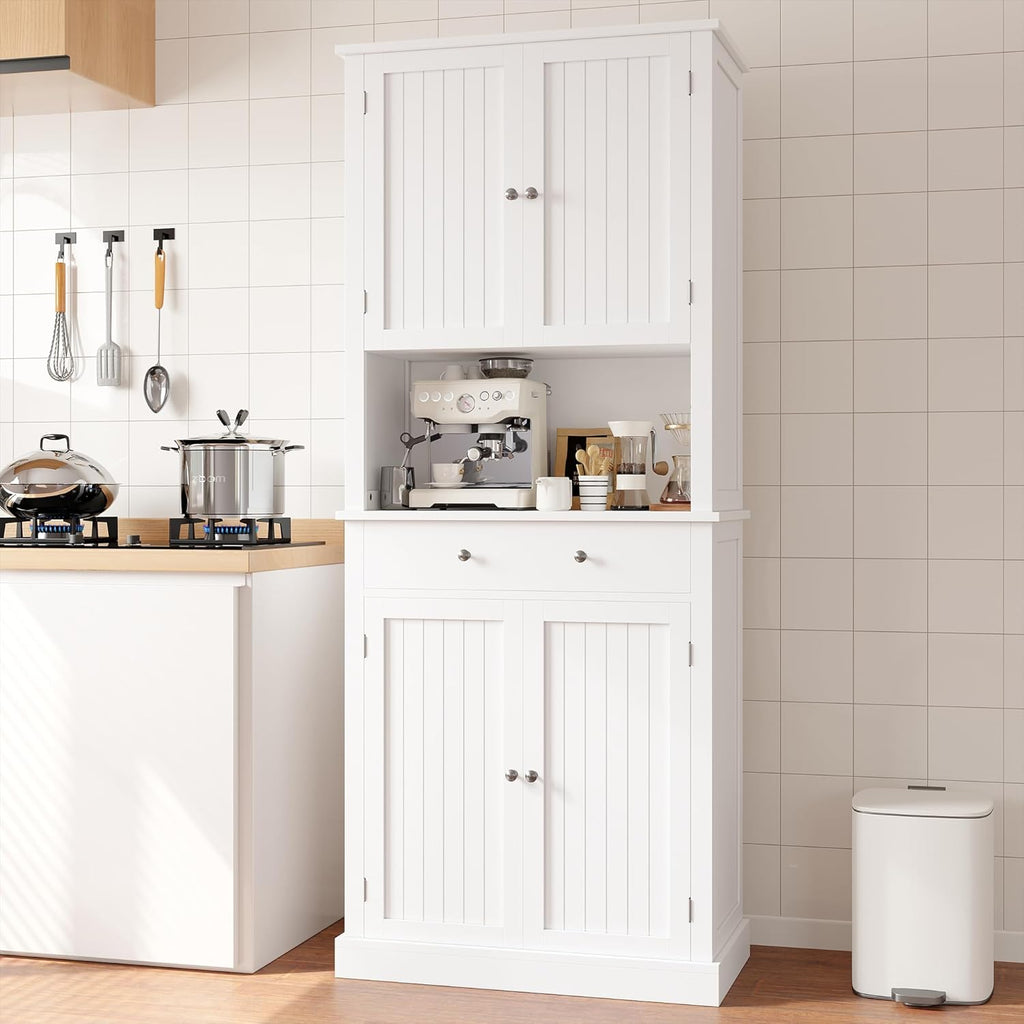 Apicizon 71’’ Tall Kitchen Pantry Storage Cabinet, Modern Kitchen Hutch Bar Cabinet with Microwave Stand & 3 Adjustable Shelves, Cupboard with Deep Drawer, Wood Buffet Sideboard for Dining Room, White