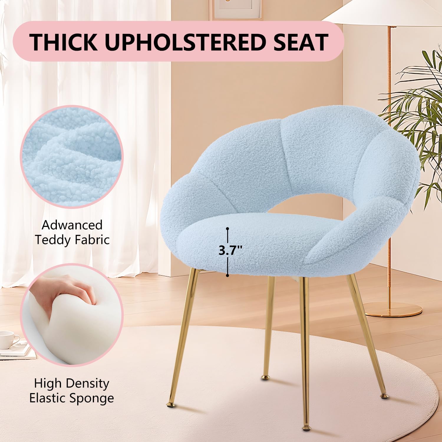 Petal Makeup Vanity Chair with Back,Modern Dining Chair,Upholstered Desk Chair for Girls with Gold Metal Legs for Home Office,Bedroom, (Blue)