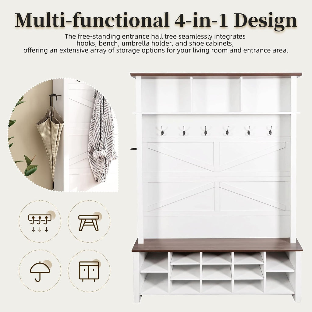 Merax Farmhouse Wood Hall Tree with 6 Hooks and Entryway Shoe Bench, 4-in-1 Coat Rack with 16 Open Compartments & Adjustable Shelves, for Entrance, Hallway, Mudroom, White