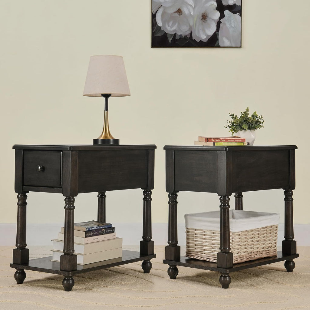 Narrow End Side Table with Drawer and Storage Shelf Set of 2, Solid Wood Sofa Tables, Slim Beside Table for Small Spaces, Living Room, 22"L x 13"W x 22.3"H No-tools Assembly Vintage Black BBJ004BK