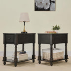 Narrow End Side Table with Drawer and Storage Shelf Set of 2, Solid Wood Sofa Tables, Slim Beside Table for Small Spaces, Living Room, 22"L x 13"W x 22.3"H No-tools Assembly Vintage Black BBJ004BK