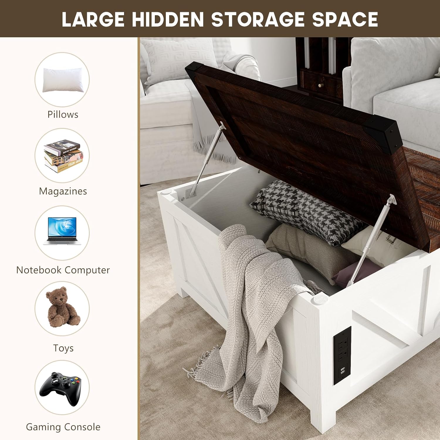 jimeimen Farmhouse Lift Top Coffee Table with Storage, Wood Square Center Table with Charging Station&USB Port, Living Room Table w/Large Hidden Space, for Living Room, Bedroom, Home Office, White