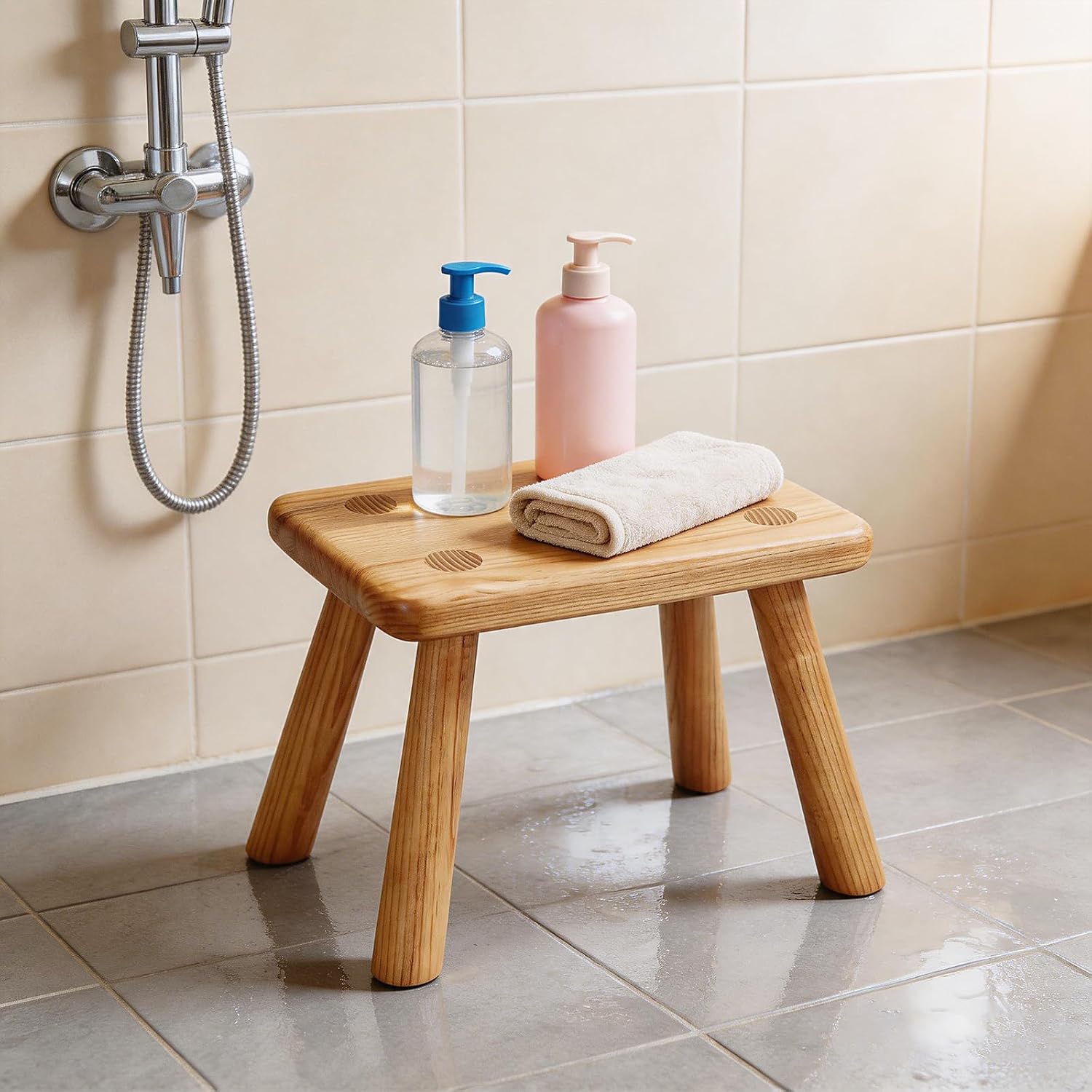 100% Wooden Step Stool for Adults - Waterproof Small Step Stool for Bathroom, Anti-Slip & 350lbs Capacity, Wooden Plant Stand & Shoe Changing Bench (Wheat)