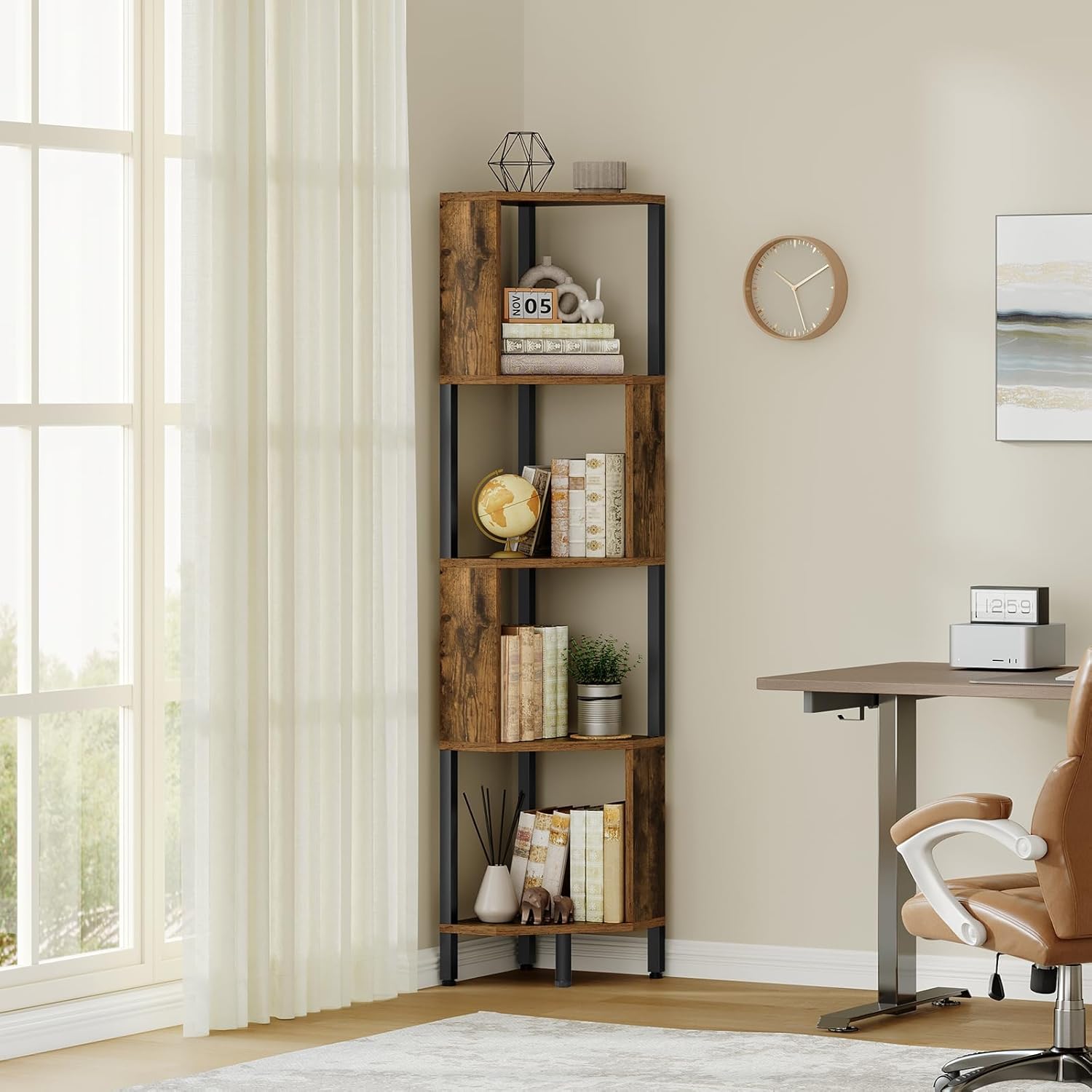 YATINEY 5-Tier Corner Shelf, Industrial Corner Storage Stand, Corner Bookshelf with Metal Frame, Freestanding Corner Shelf Stand for Living Room, Study, Bedroom, Rustic Brown and Black CJ11BR