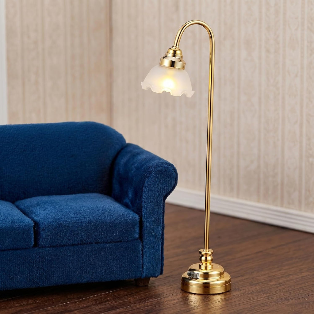 2 Pcs Miniature Dollhouse Floor Lamp, 1/12 Scale Battery Operated Mini Lamps, LED Lighting for Doll House Furniture Accessories, Gold Flower Shade Room Deco