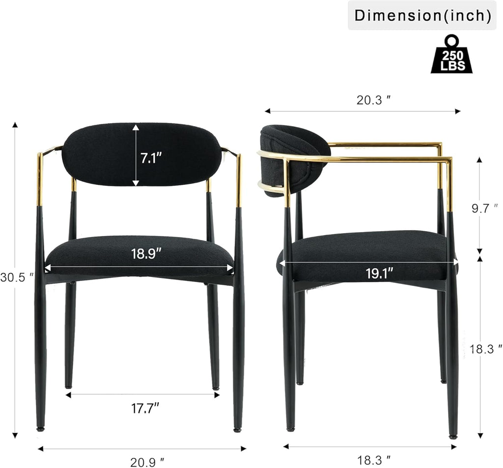 Baysitone Dining Chairs Set of 2 Mid-Century Modern Upholstered Boucle Dining Room Chairs Open Back Curved Backrest Black Metal Legs Gold Armchairs for Kitchen Living Room, Black(Only Chairs)