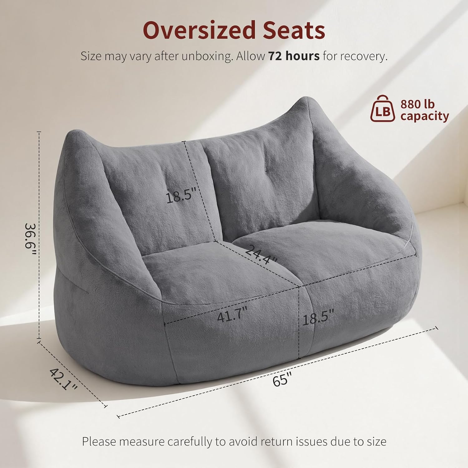 Relefree Oversized Bean Bag Chairs for Adults,Bean Bag Loveseat Sofa,Boneless loveseat for Reading,2 Seater Lazy Sofa for Small Spaces,Mini Small Couches for Living Room,Bedroom,Apartment,Lava Gray