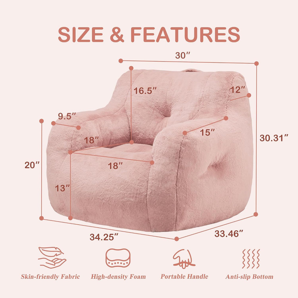 Hobestluk Furry Bean Bag Chair with Arms, Foam Filler for Adult, Pink | Soft Faux Fur Cover, High-Density Resilient Foam, Wide Backrest & Arm-rest, Carrying Handle, Fits Small Spaces, No Assembly