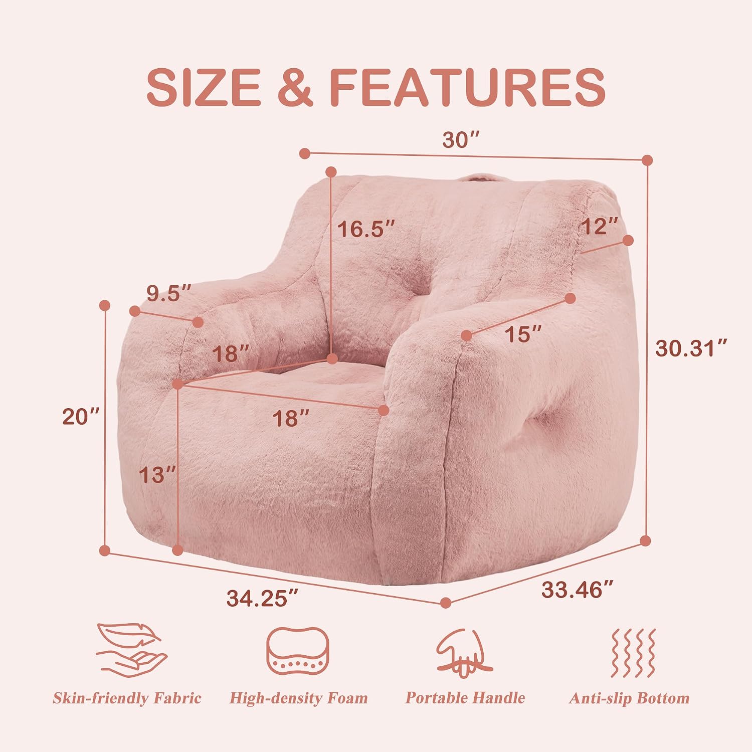 Hobestluk Furry Bean Bag Chair with Arms, Foam Filler for Adult, Pink | Soft Faux Fur Cover, High-Density Resilient Foam, Wide Backrest & Arm-rest, Carrying Handle, Fits Small Spaces, No Assembly