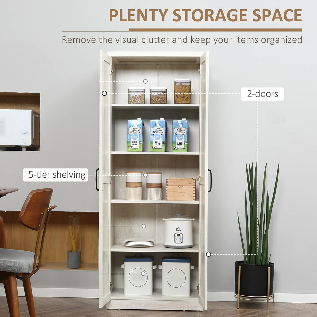 63" 2-Door Kitchen Pantry,Freestanding Storage Cabinet with 5-Tier Shelving and 2 Adjustable Shelves for Dining Room,Antique White