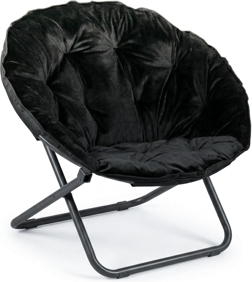 Comfy Faux Fur Saucer Chair for Adults, Foldable Moon Chair with Metal Frame, Soft Padded Lounge Chair for Bedroom, Dorm & Gaming, Large Cozy Circle Chair for Teens & Adults (Black)