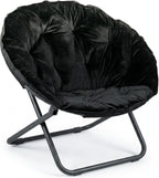 Comfy Faux Fur Saucer Chair for Adults, Foldable Moon Chair with Metal Frame, Soft Padded Lounge Chair for Bedroom, Dorm & Gaming, Large Cozy Circle Chair for Teens & Adults (Black)