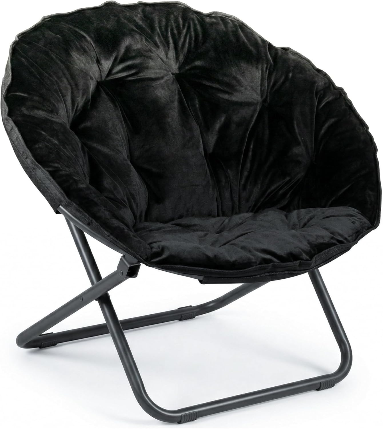 Comfy Faux Fur Saucer Chair for Adults, Foldable Moon Chair with Metal Frame, Soft Padded Lounge Chair for Bedroom, Dorm & Gaming, Large Cozy Circle Chair for Teens & Adults (Black)
