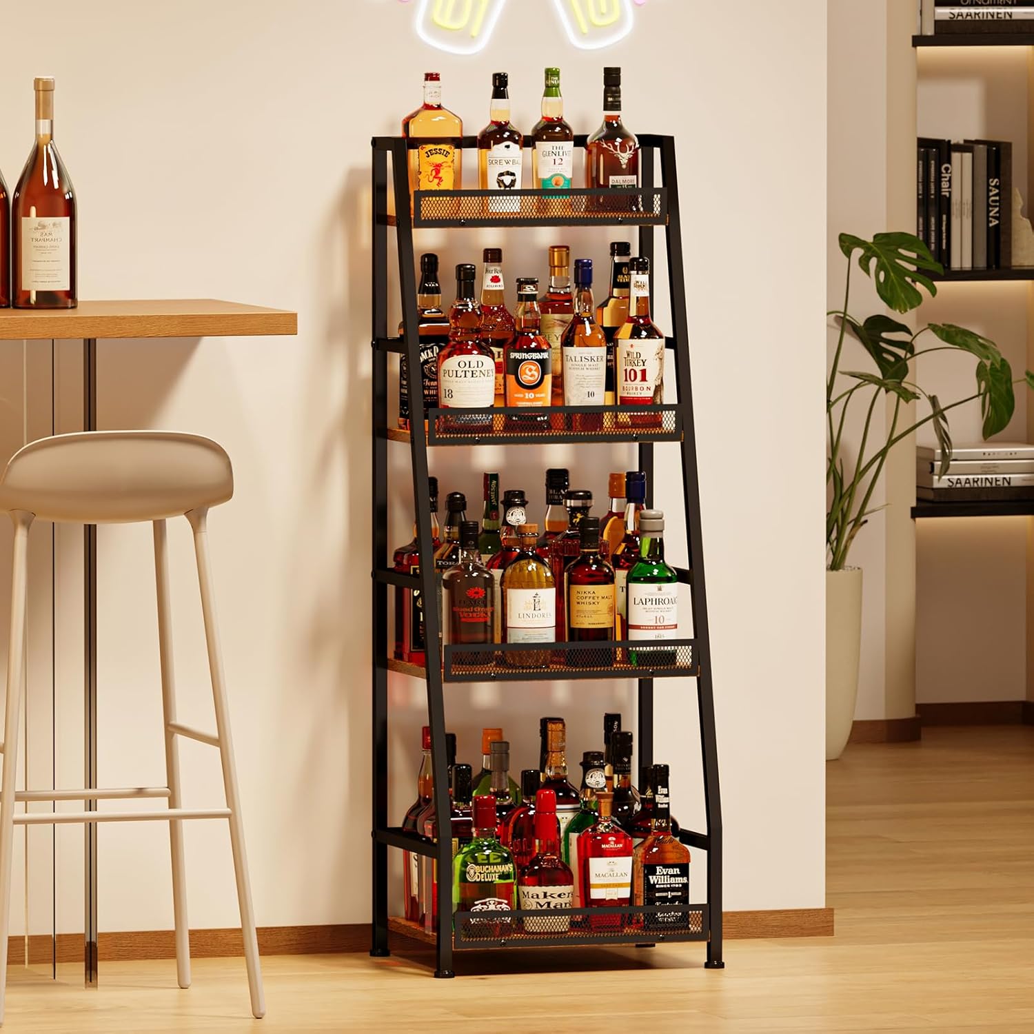 4-Tier Trapezoid Liquor Stand for Home Bar, Stepped Wine Rack Freestanding Floor Liquor Cabinet for Whiskey Wine, Versatile Corner Wine Bottle Display Stand with Fences, Vintage Brown（Patent Pending）