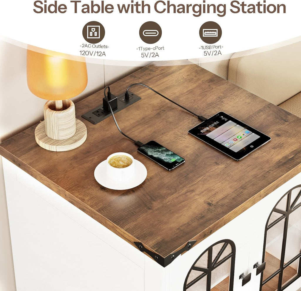 HOOBRO Farmhouse End Table, 23.6" Large Square Side Tables with Charging Station and LED Lights, Large End Table for Living Room, Wooden Nightstand with Glass Barn Door, White and Walnut WH604UDBZ01