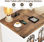 HOOBRO Farmhouse End Table, 23.6" Large Square Side Tables with Charging Station and LED Lights, Large End Table for Living Room, Wooden Nightstand with Glass Barn Door, White and Walnut WH604UDBZ01