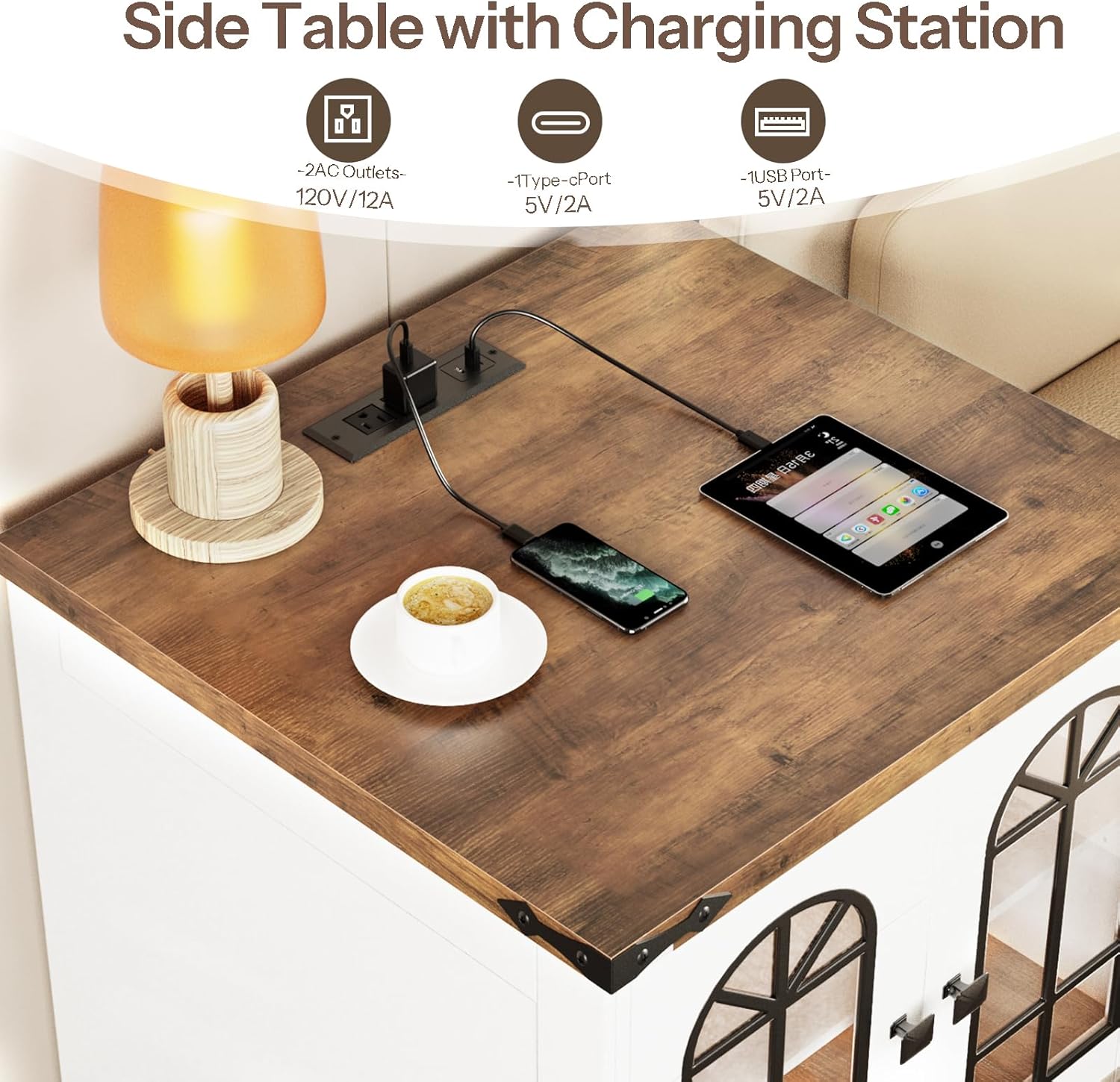 HOOBRO Farmhouse End Table, 23.6" Large Square Side Tables with Charging Station and LED Lights, Large End Table for Living Room, Wooden Nightstand with Glass Barn Door, White and Walnut WH604UDBZ01