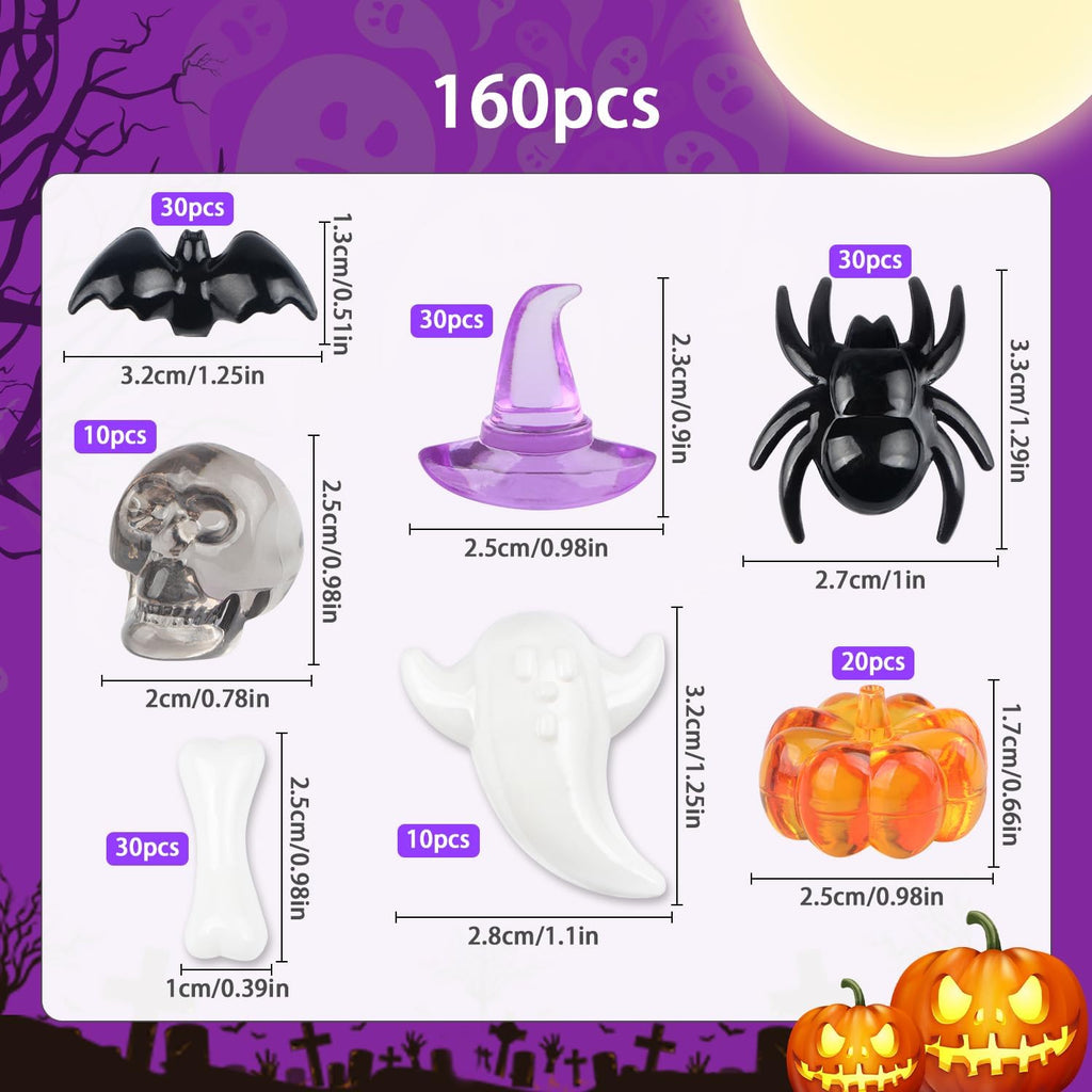 Jangostor 160 PCS Halloween Acrylic Spider Mini Pumpkins Bat Ghost Skull Hat Acrylic Sensory, Halloween Vase Filler Gems for DIY Crafts, Home, Halloween Table Decoration
