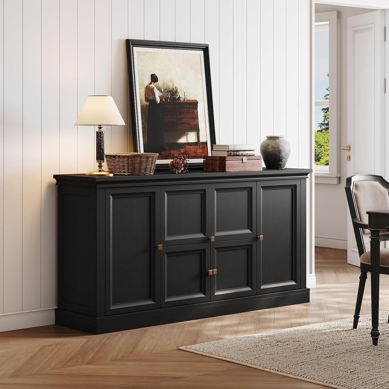 ONBRILL 63" Large Buffet Cabinet with Storage, Farmhouse Sideboard Cabinet with Grooved Barn Doors, Wood Rustic Kitchen Buffet Table Coffee Bar Storage Cabinet for Kitchen, Living Room (Black)