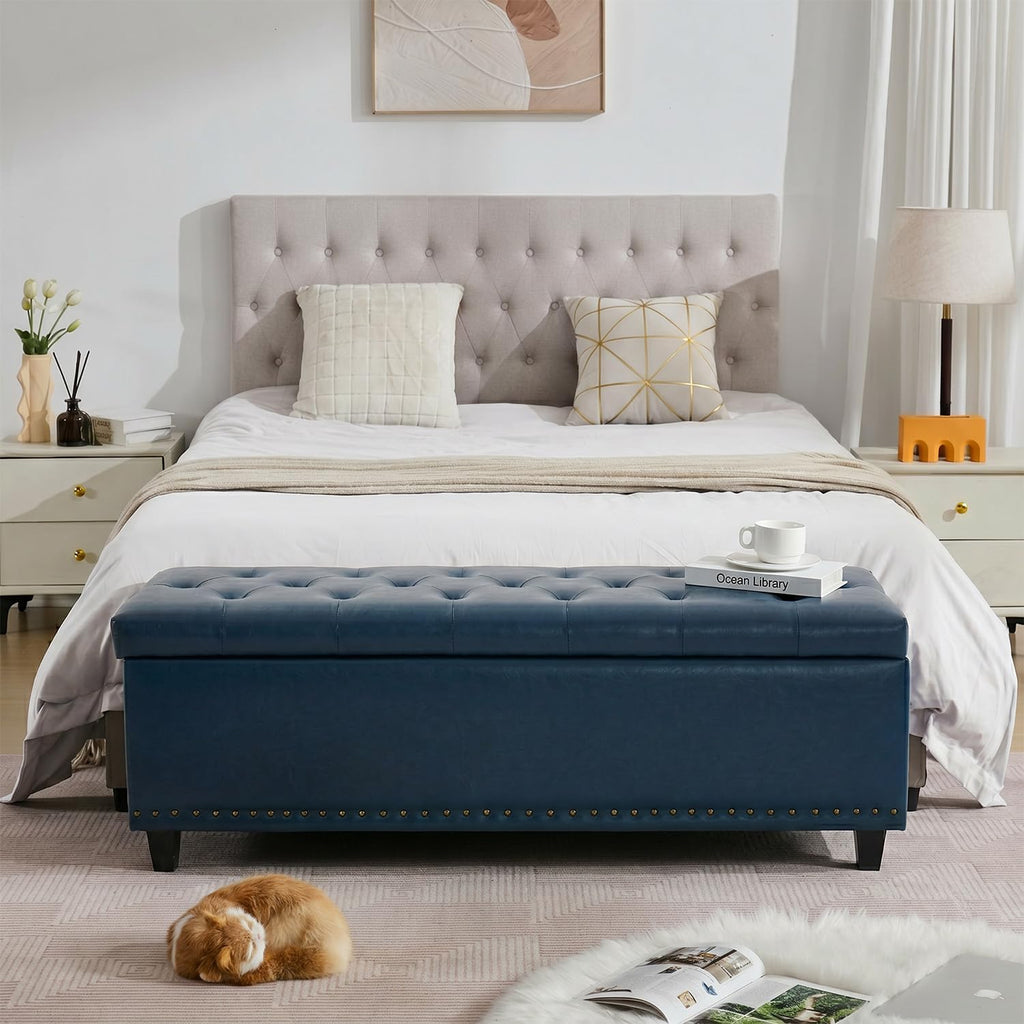 Tbfit 50.8" Large Storage Ottoman Bench with Button-Tufted Top, Blue PU Faux Leather End of Bed Chest with Safety Hinge and Rivets for Bedroom, Living Room (Blue PU)