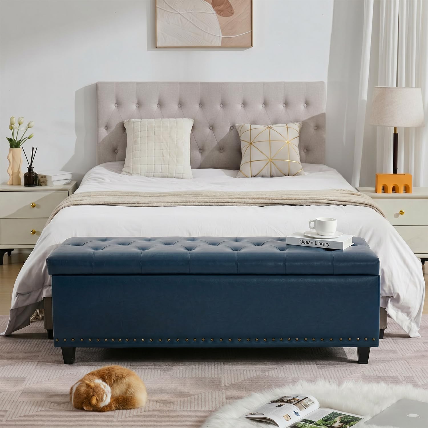 Tbfit 50.8" Large Storage Ottoman Bench with Button-Tufted Top, Blue PU Faux Leather End of Bed Chest with Safety Hinge and Rivets for Bedroom, Living Room (Blue PU)