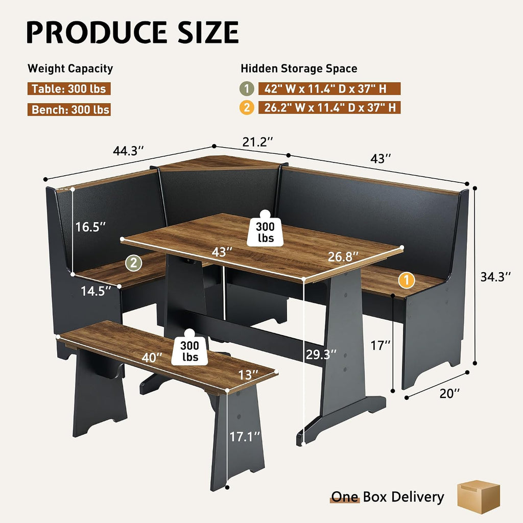 LUXOAK 3-Piece Corner Dining Set with Hidden Storage, Black Oak | Breakfast Nook, L-Shaped Corner Bench, Hidden Storage, Space Saving Design for Small Space, Kitchen Dining Room Furniture