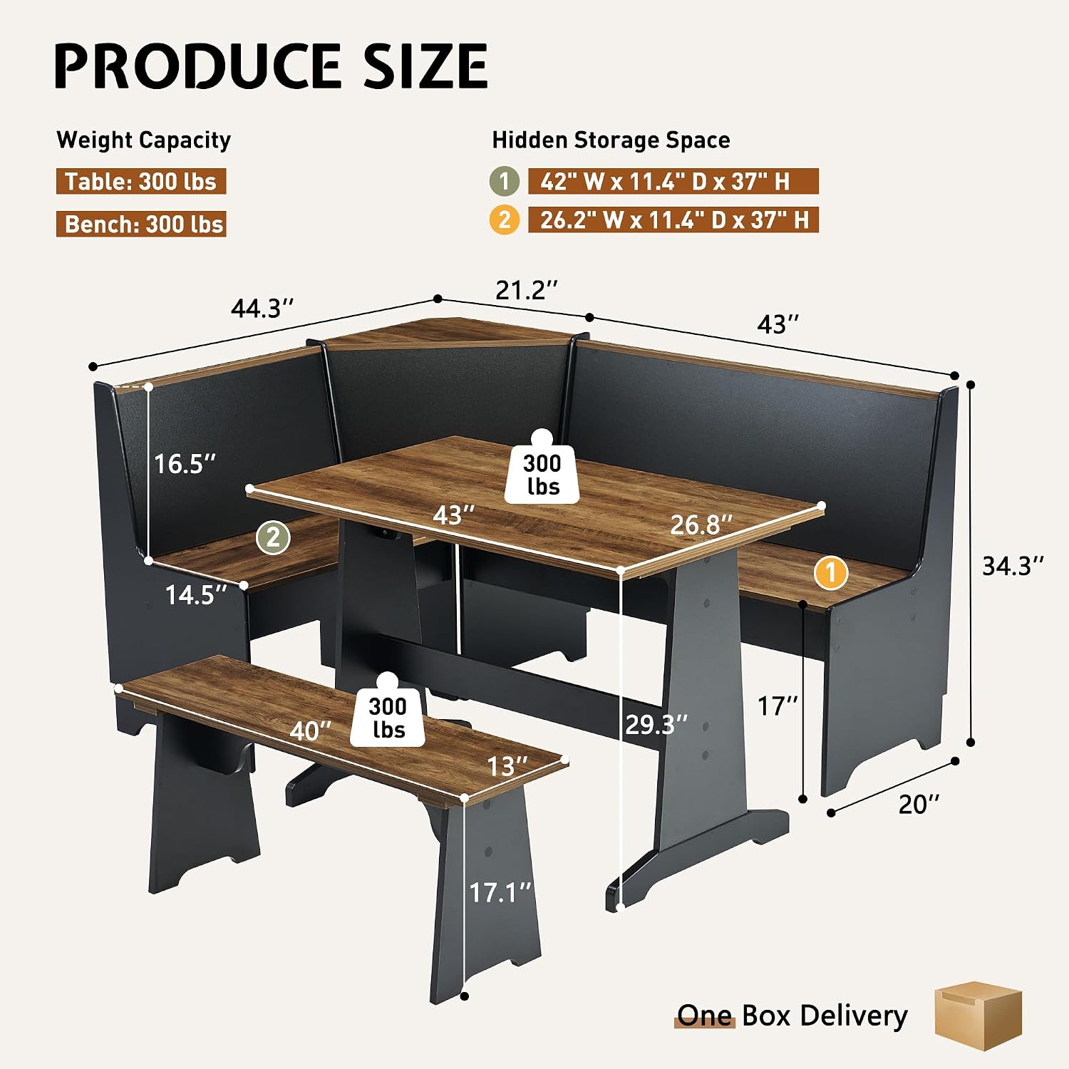 LUXOAK 3-Piece Corner Dining Set with Hidden Storage, Black Oak | Breakfast Nook, L-Shaped Corner Bench, Hidden Storage, Space Saving Design for Small Space, Kitchen Dining Room Furniture