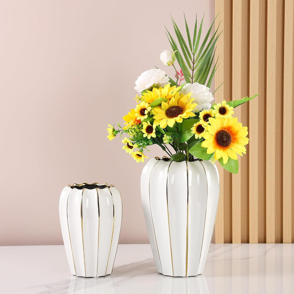 White Gold Ceramic Vase - Small Round Decorative Vase for Table Centerpieces, Wedding Decor, and Home (7.48 Inches Tall)