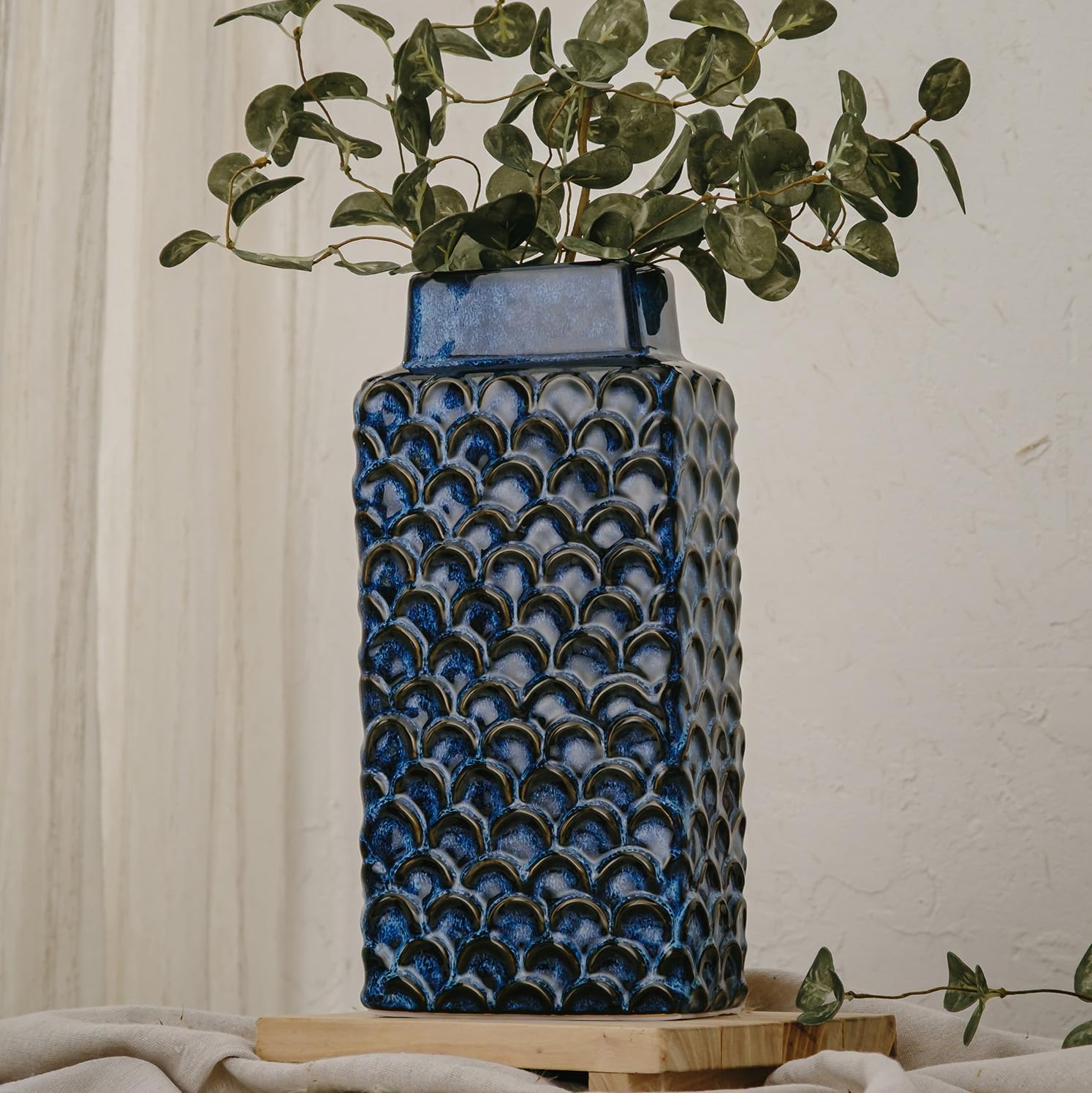 Ceramic Flower Vase, 12.6” Tall Vintage Blue Pottery Vase for Home Decor, Rustic Textured Vase for Pampas Grass, Living Room, Entryway, Mantel, Kitchen Table