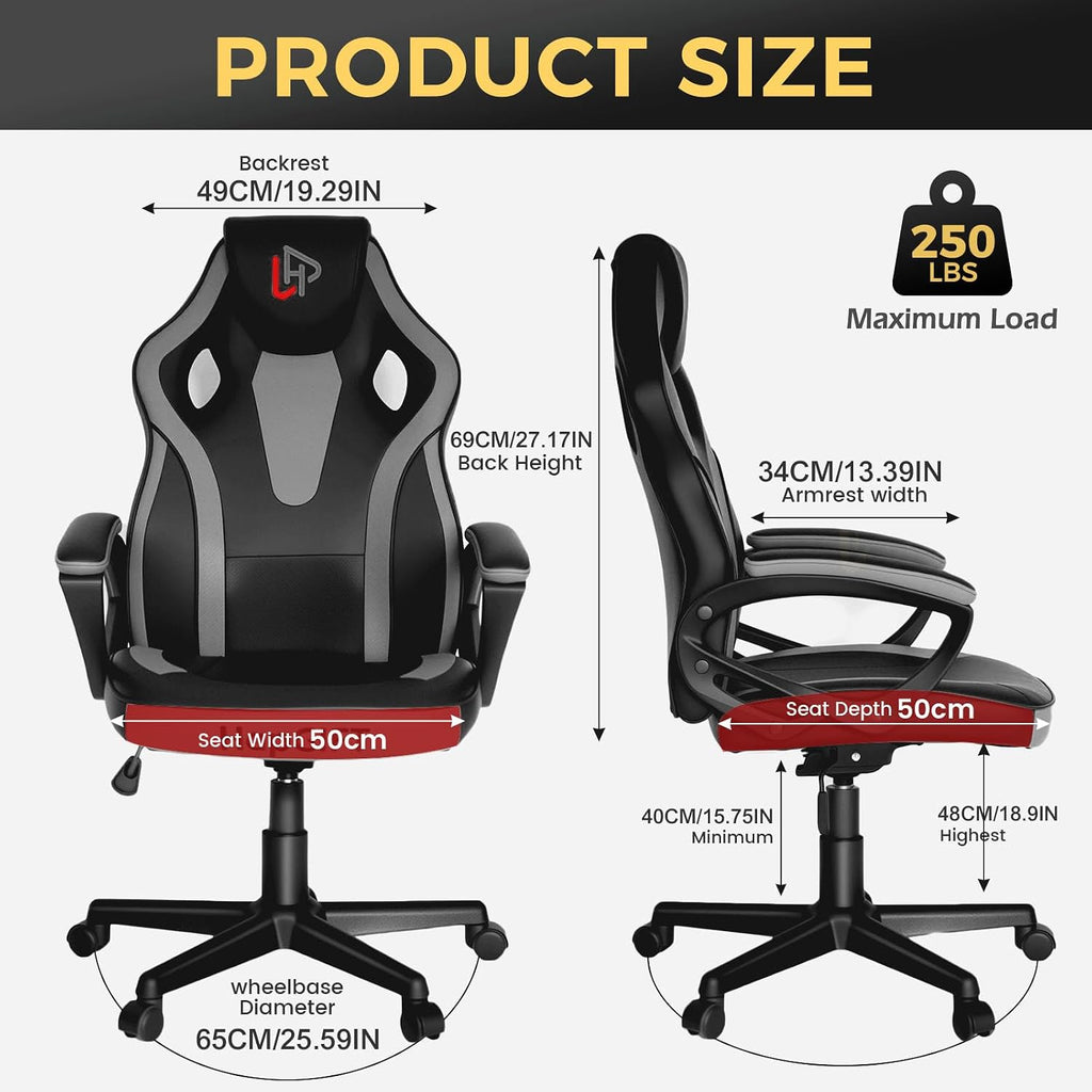 HapGIFT Office Chair, Home Office Chair with Link Armrest, Height Adjustable Computer Chair, Ergonomic PC Work Chair for Adults Teens, PU Leather Gaming Chairs, Gift, 300LBS (BLACK GREY)