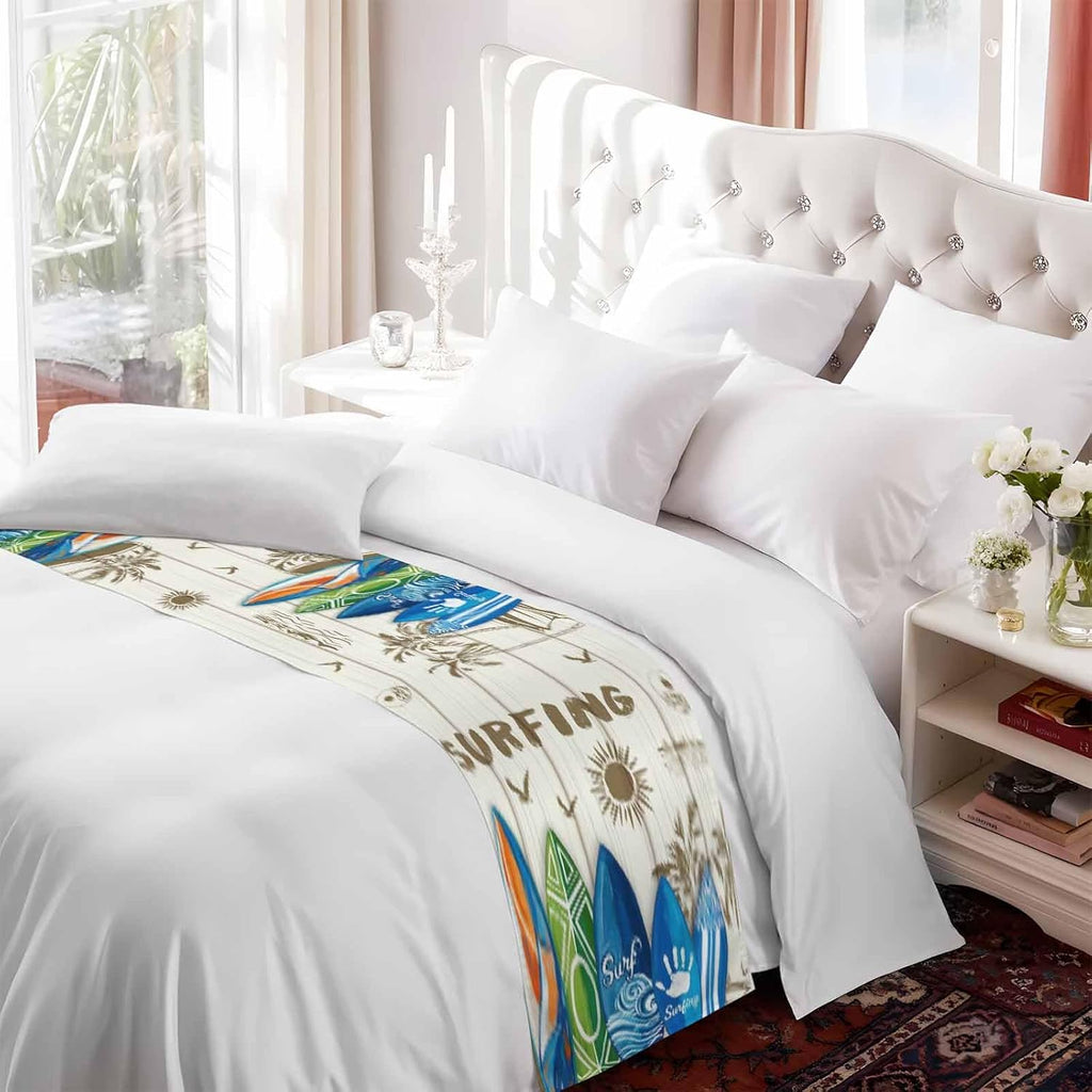Summer Surfing Bed Runner for King Size Bed, 102"x20" Surfboard Beach Palm Trees Wood Grain Retro Luxury Bed Runners & Scarves Decorative Bedding Scarf Protector Slipcover for Home Hotel